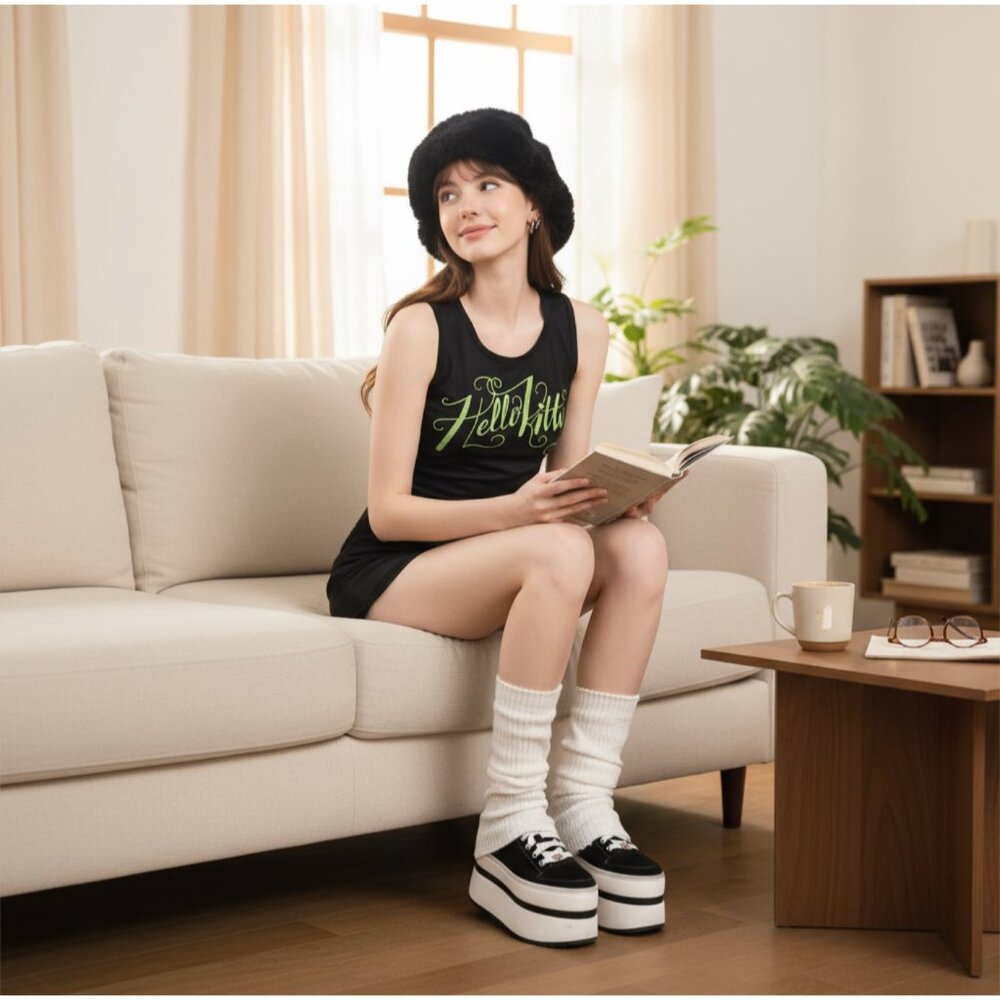Sanrio Hello Kitty ✦ Black Neon Green Mesh Set ✦ Ruched Tank & Shorts L/M NWT - Picture 3 of 10